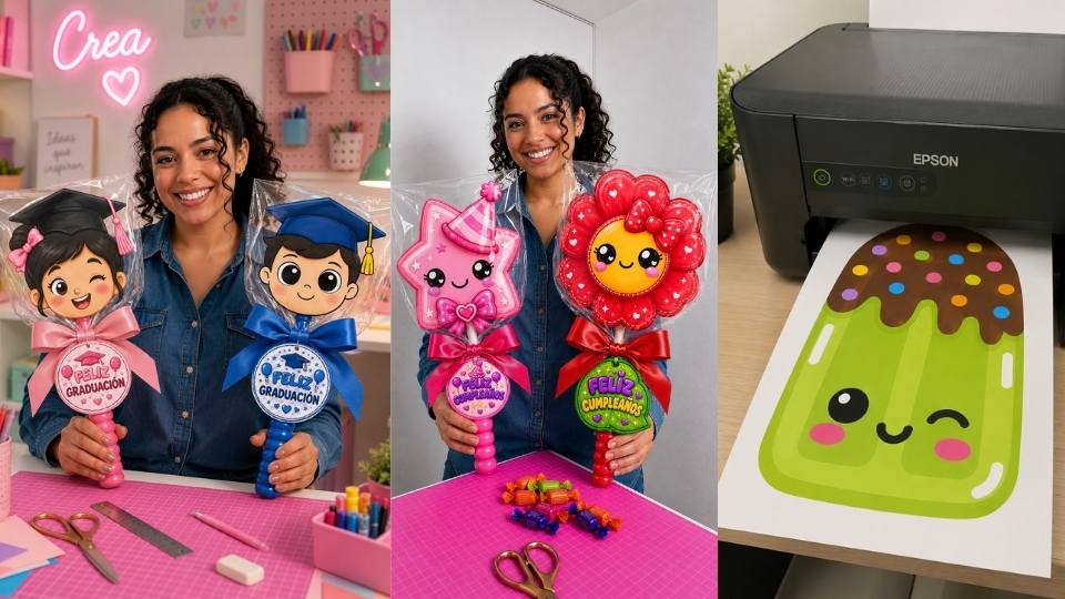 Mujer mostrando regalos imprimibles kawaii